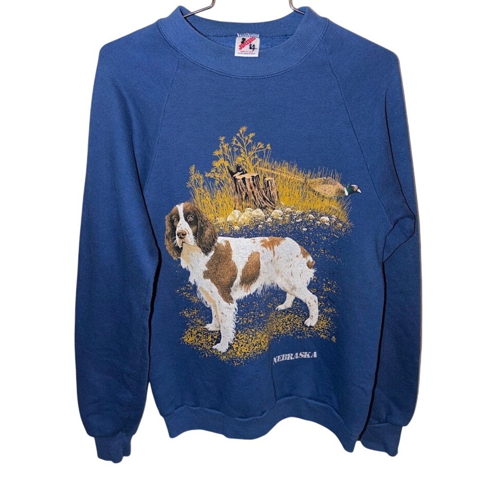 Vintage Jerzees Nebraska Springer Spaniel Dog Pheasant Sweatshirt Blue